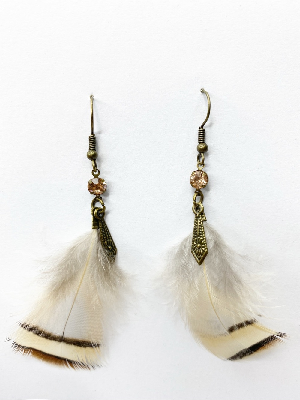 Boho Feather Dangle Earrings Bronze Tone Pink Rhinestone Accent